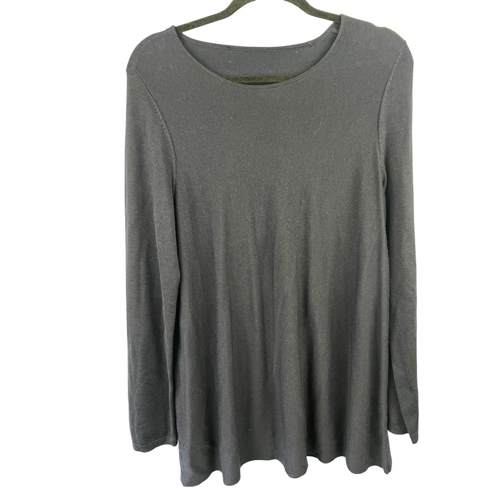 Eileen Fisher Tencel Silk Navy Ribbed Crew Neck Tunic Top Minimalist Lagenlook